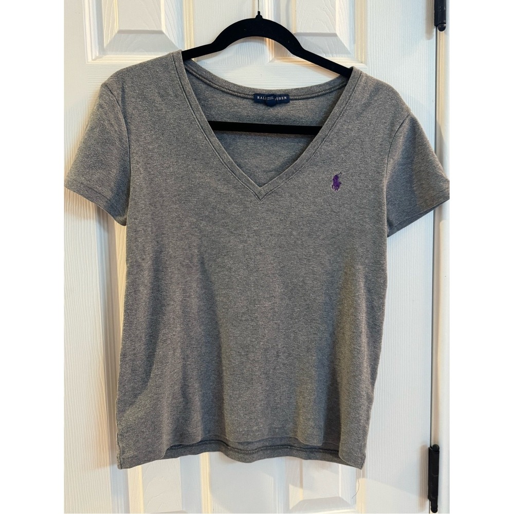 Ralph Lauren Gray V-Neck Short Sleeve Tee with Purple Pony